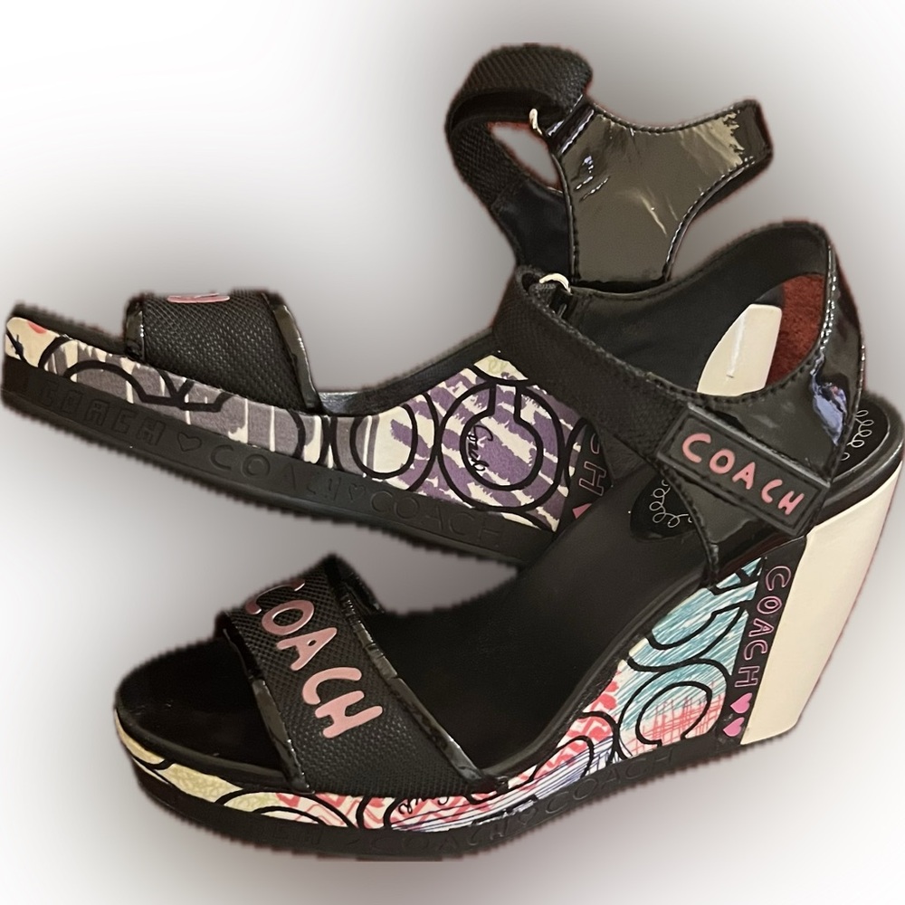 Coach Black Wedge Sandals with Colorful Pattern Sz 7